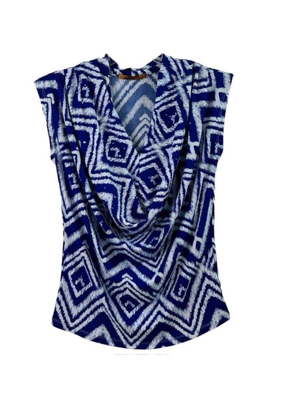 Belldini Womens Top S Blue White Geometric Cowl Neck Sleeveless Tank Blouse